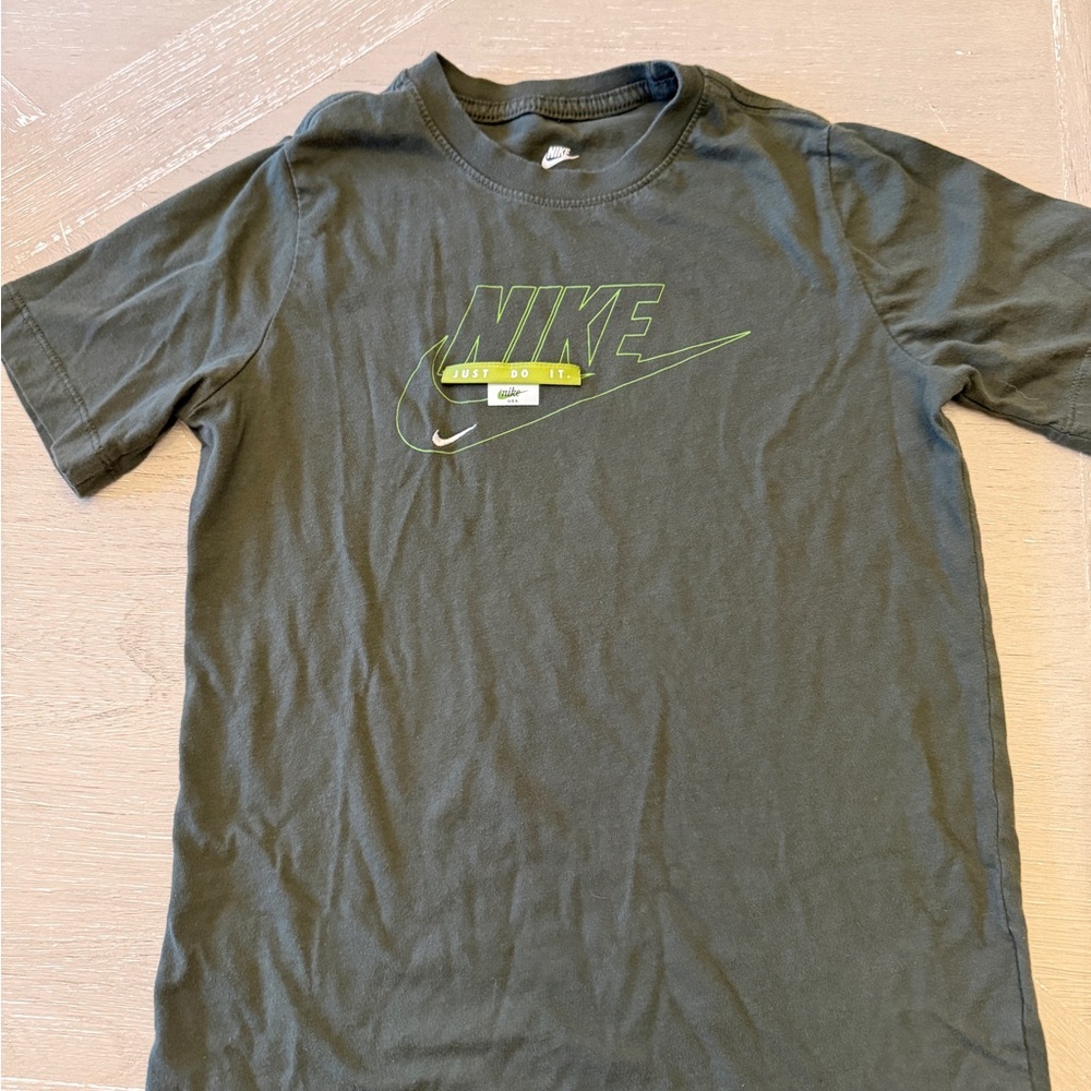 Nike Olive Green Short-Sleeve Logo Tee with Lime Accent